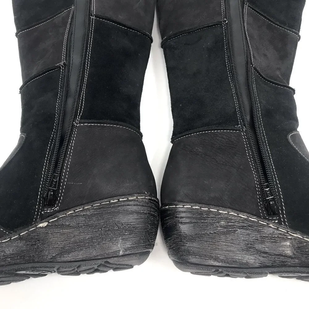 B.O.C. Black Suede Leather Patchwork Side Zip Wedge Heel Tall Boots